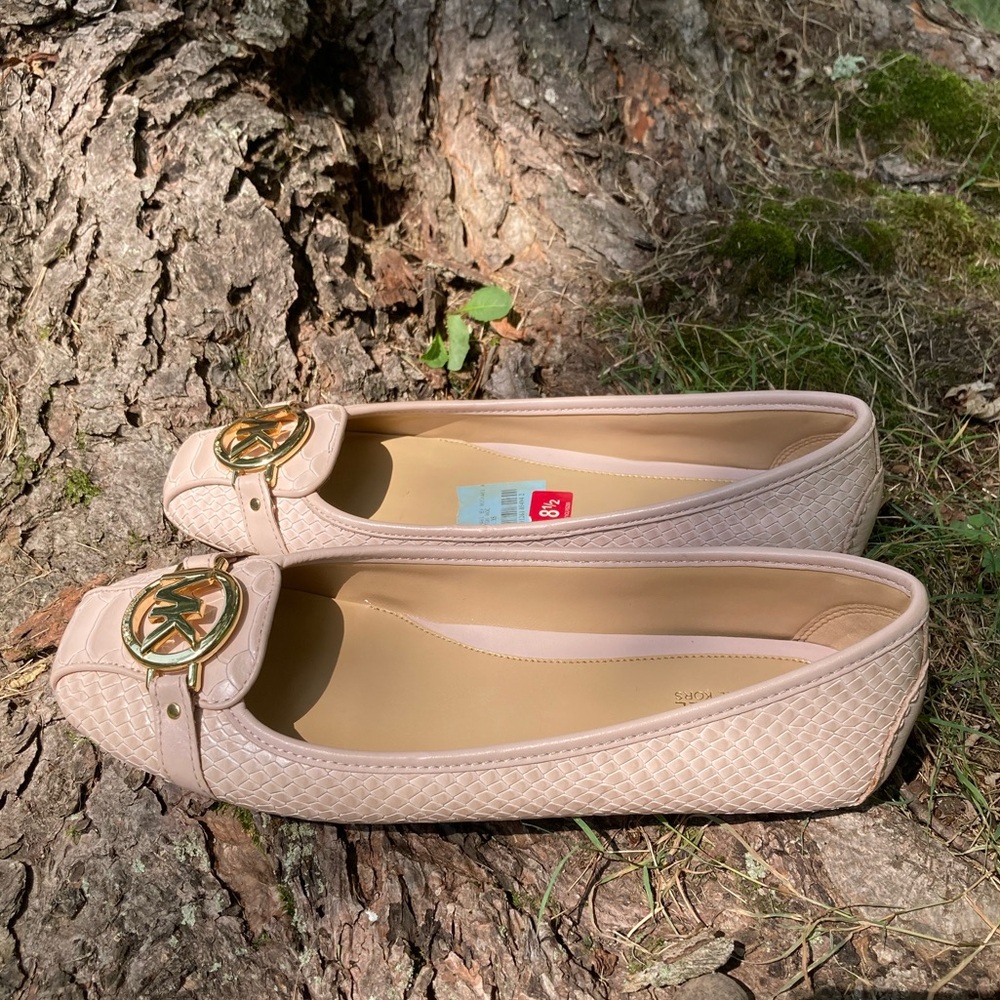 Michael Kors Fulton Pink Leather Snakeskin Ballet Flats Gold Hardware Logo - Picture 5 of 17
